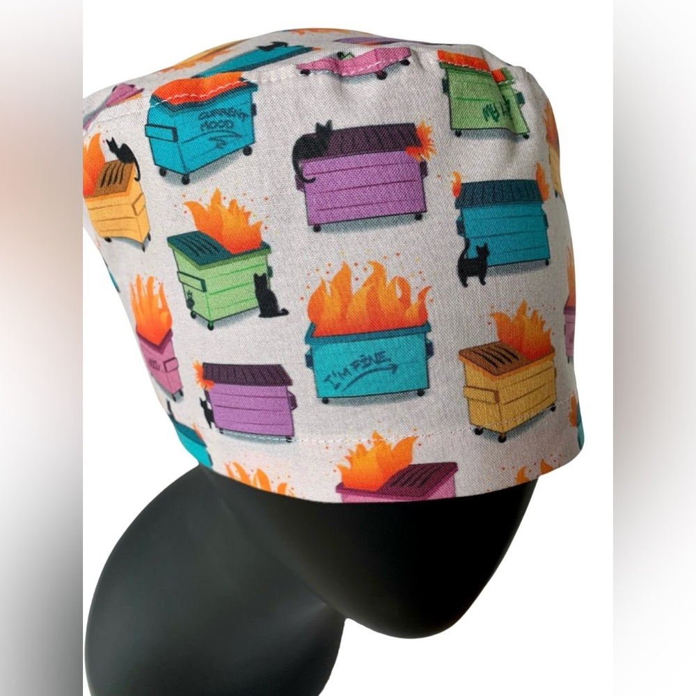 Dumpster Fire Surgical Scrub Cap - Cotton Euro Style for MEDIUM Length Hair - Picture 5 of 11